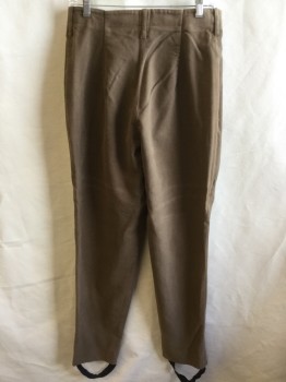 Mens, Historical Fiction Pants, FOX 200, Camel Brown, Cotton, Solid, 36/32, Aged/Distressed,1.5" Waistband with Hoops, Flat Front, Zip Front, Black Stirrup Hem