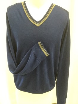 Mens, Pullover Sweater, BANANA REPUBLIC, Royal Blue, Gray, Wool, Solid, L, V-neck, Long Sleeves, Gray Trim Around Neck and Cuffs