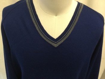 Mens, Pullover Sweater, BANANA REPUBLIC, Royal Blue, Gray, Wool, Solid, L, V-neck, Long Sleeves, Gray Trim Around Neck and Cuffs