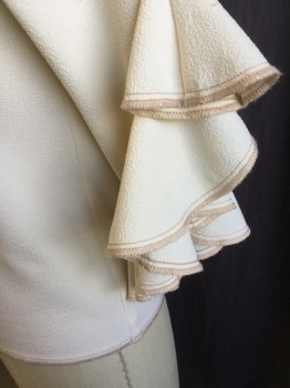 SEE BY CHLOE, Beige, Polyester, Elastane, Solid, Texture Beige, Wide Neck, Yoke Front and Back, Short Sleeves with Diagonal Ruffle,  Dusty Brown Over Lock Stitches Hem Ruffle & Hem