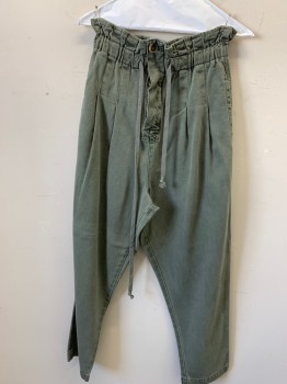 FREE PEOPLE, Olive Green, Cotton, Solid, High Waisted, Elastic Drawstring Waist, Button Front, Stitched Down Pleats, 4 Pockets, Retro 1980s Baggies with Pegged Hems, Paper Bag Waist