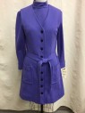 Womens, 1960s Vintage, Dress, Marie Phillips, Purple, Polyester, Acrylic, Solid, 6/8, Long Sleeves, Stand Collar, Sheath
