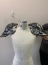 N/L MTO, Pewter Metallic, Fiberglass, Pair of Shoulder Pads: Eagle Heads, Faux Aged Metal, Gold Beak and Circles at Sides,