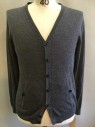 MURANO, Gray, Wool, Heathered, Long Sleeves, V-neck, Button Front, Welt Pockets with Buttons, Cable Knit Trim Detail