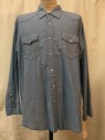 Mens, Western, WRANLGER, Blue, Cotton, Solid, 35, 17.5, Snap Front, Collar Attached, Long Sleeves, 2 Flap Pockets, Doubles,