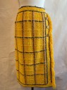 Womens, 1980s Vintage, Suit, Skirt, ADOLFO, Sunflower Yellow, Blue, Cream, Wool, Plaid-  Windowpane, W 26, Pencil Skirt, Button Detail Down Left Side with Fringe Detail,