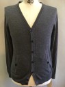 MURANO, Gray, Wool, Heathered, Long Sleeves, V-neck, Button Front, Cable Knit Trim Detail, Welt Pockets with Buttons