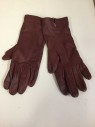 Womens, Leather Gloves, DENTS, Wine Red, Leather, Solid, 7, S/M, GLOVES:  Wine W/gray Lining, 3 Seams On Top, Double, See FC001520