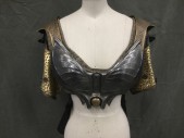 Womens, Sci-Fi/Fantasy Piece 1, MTO, Gold, Bronze Metallic, Leather, B 32, Bronze Leather Front Padded Bra Top Over Gold Block Embroidery Over Black Top, Top Cropped in Front, Bronze Leather Hammered to Look Like Metal Shoulder Panels, Detachable Gold Laser Cut Short Sleeves Attached with Velcro, Button Detail on Short Sleeves, Black Cotton Tail Hem, Velcro Patches Front, Velcro Patches Back with Snaps