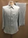 Mens, 1930s Vintage, Pajama Top, P1, MTO, Lt Blue, Silk, Solid, C:40, M, Shirt: B.F., Rounded C.A., L/S, 1 Pckt,  Western Style Cuff, Side Seam Hem Slits, Discoloration Front Right Lower Shirt, Double Placket Button Front