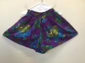 Womens, 1990s Vintage, Piece 2, MTO, Purple, Cotton, Novelty Pattern, W22, Wide Leg Shorts, Rushed and Elasticated at Waist Line. Fish and Seahorse Batik Print