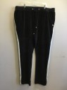 A. TIZIANO, Black, White, Cotton, Polyester, Solid, Velour Tracksuit, Ribbed Knit Drawstring Waist, 4 Pockets, White Side Seam Stripes, Zip Side Seam Hem