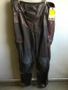 Dk Brown, Red, Leather, Spandex, Solid, Dark Brown Leather, Gortex, And Spandex With Molded Knee Caps, Velcro Flap Pockets Stirrups, Red Spray Painted Side Stripes, Gray Spray Painted Spatters **Has TV Alt at Center Back Waist