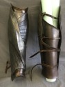 Unisex, Sci-Fi/Fantasy Greaves, NO LABEL, Pewter Gray, Brown, Rubber, Leather, Pewter Molded Panels On Dark Brown Leather, Leather Straps/Ties, Metal Loops, "Death" Written on Inside, Multiples