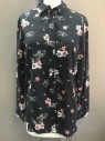 DIVIDED, Black, White, Pink, Gray, Viscose, Floral, Black Background with Pink/White/Gray Floral Print, Button Front, Long Sleeves, Collar Attached,