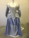 Womens, Historical Fict 3 Piece Dress, PORRO MTO, Slate Blue, Antique White, Pearl White, Silk, Beaded, W:24-6, B:32, BODICE - Taffetta, Trimmed with Antique White Lace and Pearls, Long Sleeves, Cartridge Pleating at Shoulders, Boned/Structured with Point at Center Front Waist, Lacing/Ties Center Back, 1600's Reproduction Made To Order