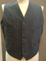 Mens, Suit, Vest, 1890s-1910s, Gray, Lt Gray, Wool, Stripes - Vertical , 5 Buttons, V-neck, Split Back with Ties, 4 Pockets,