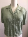 Womens, 1990s Vintage, Piece 2, N/L, Sage Green, Rayon, Floral, B:42, Jacket/Top, Short Sleeves, Button Front, Notched Collar, Padded Shoulders, Vertical Pin Tucks at Front with Self Diamond Embroidery,