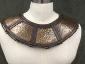 Unisex, Historical Fiction Collar, MTO, Bronze Metallic, Brown, Navy Blue, Metallic/Metal, Leather, O/S, Bronze Hammered Metal Panels with Printed Hieroglyphics, Brown Leather Trim Between Panels and Edges, Navy Braided Leather Trim Through Metal Belt Loops, Wang Tie/Lacing at Center Back (No Laces)