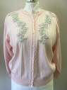 AMARI, Pink, Lavender Purple, Mint Green, Acrylic, Floral, Solid, Knit, Flower And Leaf Pastel Embroidery At Shoulders/Front, 8 Pink Buttons At Front, Round Neck,  Long Sleeves, Cardigan