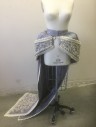 Slate Blue, Antique White, Pearl White, Silk, Beaded, 3 Piece Gown: Overskirt, Taffeta, Open in Front with Floor Length Panel/Train in Back, Antique White Floral Lace Embroidery with Tiny Pearl Beads, Cartridge Pleating at Back and Sides of Waist, Made To Order