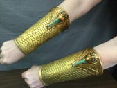 Mens, Historical Fiction Piece 9+, MTO, Gold, Turquoise Blue, Blue, Leather, Metallic/Metal, Reptile/Snakeskin, O/S, Gauntlets, Gold Reptile Embossed Leather Gauntlet with Gold Metal Falcon Head with Turq Beading & Blue Rhinestone Eyes, Hidden Zip Up Cuff