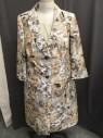 Womens, Suit, Jacket, JOHN MEYER, Tan Brown, Brown, Gray, Black, White, Polyester, Floral, 18w, Shawl Collar, 2 Button Front, Slit Pocket, 3/4 Sleeve