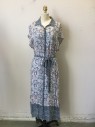 N/L, White, Pink, Slate Blue, Navy Blue, Polyester, Floral, Long Dress, Short Sleeves, Button Front, 2 Print Dress with Self Belt
