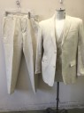 PERRY ELLIS, Ecru, Linen, Cotton, Herringbone, Self Herringbone Texture, Single Breasted, Notched Lapel, 2 Buttons, 3 Pockets, Solid Beige Lining, ***Small Stain on Lapel