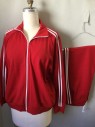 Womens, 1990s Vintage, Piece 1, N/L, Red, White, Polyester, Solid, Stripes, Track Suit Jacket, Zipper Front, Stand Collar, 2 White Stripes On Sleeve