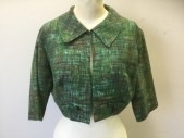 Womens, 1950s Vintage, Piece 2, N/L, Green, Brown, Cotton, Abstract , B:34, Bolero Jacket, Green with Brown Crosshatched Lines Abstract Pattern, 3/4 Sleeve, Pointed Collar, Open at Center Front with 1 Hook and Eye Closure at Center Front Neck, 2 Self 3 Dimensional Bows at Each Side of Hem in Front, Late 1950's