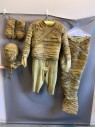 Mens, Historical Fiction Piece 1, MTO, Ochre Brown-Yellow, Cotton, Spandex, C38, 4 Piece Mummy, Top with Spandex Shorts, Center Back Zipper, Cotton Gauze with Faded Hieroglyphics, Aged/Distressed,  Hook, Bars and Velcro Wrap Extra Gauze.