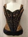 Womens, Historical Fiction Pc 3, MTO, Ochre Brown-Yellow, Black, Silk, Beaded, Floral, Abstract , 4/6, BODICE -Brocade, Sweetheart Neckline with Antique Beaded Rope, Sleeveless, Hook & Eyes Center Back, Princess Waist with Black Velvet Ribbon, Applique, and Embroidery, Attached Cummerbund with Bow in Back