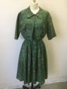 Womens, 1950s Vintage, Dress, N/L, Green, Brown, Cotton, Abstract , W:26, B:34, Green with Brown Crosshatched Lines Abstract Pattern, Cap Sleeve, Scoop Neck, Pleated Skirt, Just Below Knee Length, Late 1950's
