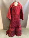 Unisex, Sci-Fi/Fantasy Robe, N/L, MTO, Red Burgundy, Silk, Solid, Basket Weave, C:40, Basketweave Texture Changeable Taffeta, Wide Long Sleeves, Square Neck, Rectangular Panel at Front with Horizontal Pleats, Underneath is Zipper and Snaps, Floor Length, Thick Rows of Horizontal Piping, Made To Order, Multiples