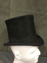 Mens, Historical Fiction Hat , KAMINSKY, Black, Fur, 56, 7, Top Hat, 1" Wide Faille Band and Edging at Brim, 6" Tall Crown, Rolled Side Brim