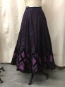 Womens, Historical Fiction Skirt, MTO, Aubergine Purple, Black, Silk, Beaded, Floral, Geometric, 25W, Ankle Length, Hook & Eye and Snaps Back, Full with Can Can Ruffles in Mixed Black and White Patterns, Sequin Floral Applique at Hem