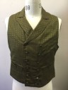 N/L MTO, Avocado Green, Brown, Silk, Polka Dots, Dots, Brocade, Double Breasted, Peaked Lapel, Self Covered Buttons, 2 Welt Pockets, Solid Brown Lining and Back, Belted Back, Made To Order Reproduction, Stain CF **Has a Double