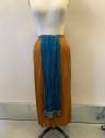 Womens, Sci-Fi/Fantasy Skirt, MTO, Amber Yellow, Teal Blue, Synthetic, Color Blocking, W28-30, Elastic Waistband, Teal Blue Flaps Front and Back with Beige Floral Hem