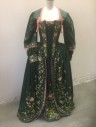 Womens, Historical Fict 2 Piece Dress, N/L MTO, Forest Green, Lt Pink, Cream, Lime Green, Silk, Paisley/Swirls, Floral, W:24, B:32, Bodice: Forest Green Paisley Brocade, Light Pink Lace Trim, Square Neck, Long Sleeves with Undersleeve, Lacing/Ties at Front,  Floral Embroidered Stomacher Panel, Lime/Pink/Light Green Floral Embroidery, Made To Order 1600's / 1700's