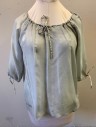 N/L, Lt Gray, Silk, Solid, Peasant Blouse, Drawstring Scoop Neck, Raglan 3/4 Sleeves with Drawstring Cuffs, Lightly Aged - Has Stains and Dirt Throughout, Reproduction