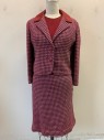 Womens, 1960s Vintage, Suit, Jacket, GREEN LEA, Red Burgundy, Beige, Wool, Tweed, Houndstooth, B: 38, Jacket, Suede Solid Collar, Notched Lapel, Single Breasted, Button Front, 2 Buttons, Late 1950s - Early 1960s,