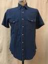 Mens, Western, WRANGLER, Denim Blue, Cotton, Solid, M, Blue Chambray, Snap Front, Collar Attached, Short Sleeves, 2 Flap Pockets