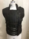 Mens, Vest, NO LABEL, Brown, Black, Leather, Cotton, 40, Zip Front, Silver And Black Metal Hardware, Nylon/leather Horizontal Straps, Padded Quilting At Neck And Back Yoke, Mesh Side Panels, Buckles, Velcro Along Hem, Works with FC015643 Red Cape