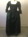 Womens, Historical Fict 3 Piece Dress, N/L MTO, Dk Green, Black, Polyester, Floral, B:34, Bodice: Dark Green Satin with Black Lace Net Overlay, 3/4 Sleeves, Black and Green Beaded Hanging Detail Across Chest, Lacing/Ties in Back, Made To Order 1700's Inspired