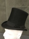 KAMINSKY, Black, Fur, Top Hat, 1" Wide Faille Band and Edging at Brim, 6 1/2" Tall Crown, Rolled Side Brim