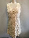 Womens, 1960s Vintage, Piece 1, N/L, Cream, Gold, Silk, Abstract , W:31, B:34, Dress, Brocade, Sleeveless, V-neck, 2 Gold Buttons with Silver Gemstones and Ornate Detail At Center Front Bust, Center Back, Zip, Solid Cream Lining, Knee Length,