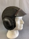 Mens, Sci-Fi/Fantasy Headpiece , N/L, Faded Black, Patent Leather, Synthetic, M, Faux Helicopter or Fighter Jet Pilot Helmet, Ear Protection and Visor All Hard Plastic Based on Heavy Net. Right Ear Has Hole for Plugs, Inside Has Gaff Tape