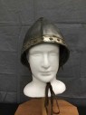 Mens, Historical Fiction Helmet, MTO, Pewter Gray, Fiberglass, 24", Medieval Helmet.Possibly Spanish. Pointy Crown. Pewter with Tarnished Silver Trim. Brown Leather Wang Chin Strap, Multiples