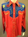 ROCKMOUNT RANCH WEAR, Red, Blue, Yellow, Green, Cotton, Floral, Solid, Long Sleeves, Floral Embroidery, Western Pockets, Snap Front, 5 Snaps At Cuff, Double